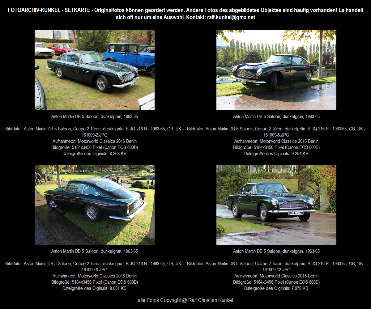 Aston Martin DB 5 Saloon, Coupe mit 2 Tren, dunkelgrn, 1963-1965, GB, UK - fotografiert am 09.10.2016 zur 2. Motorworld Classics in der Messe unterm Funkturm Berlin - http://fotoarchiv-kunkel.startbilder.de - Automobil-Fotografie Kunkel auch auf Facebook https://www.facebook.com/AutomobilFotografieKunkel