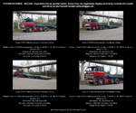 Scania R 142 M Sattelzugmaschine mit Auflieger (Tieflader), rot-blau - 14,2 Liter Hubraum, V8, 388 PS, Schweden - fotografiert am 06.04.2014 zum Treffen  100 Jahre Busse der DVB  (Dresdner