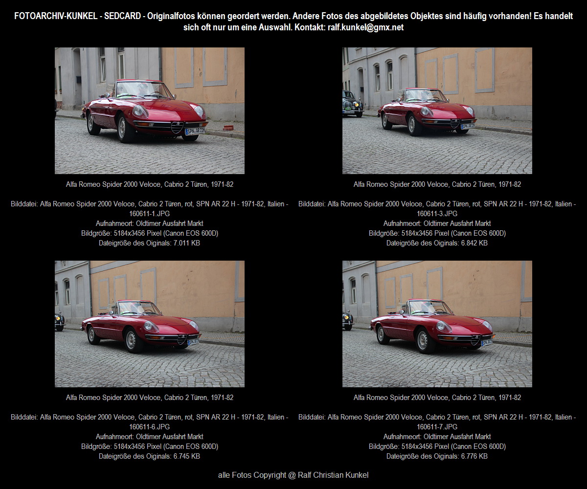 Alfa Romeo Spider 2000 Veloce, Cabrio 2 Türen, rot, Bauzeit 1971-1982, aus der 2. Generation ( Coda Tronca ), Italien - fotografiert am 11.06.2016 zur 3. Oldtimer-Ausfahrt „Alte-Spreewald-Gurken“ in Luckau (Landkreis Dahme-Spreewald), am Markt und am Ortsausgang Richtung Lübbenau (Spreewald) - Sedcard, comp card, Copyright @ Ralf Christian Kunkel (E-Mail-Kontakt: ralf.kunkel[at]gmx.net; bitte das [at] durch @ ersetzen)- http://fotoarchiv-kunkel.startbilder.de - Automobil-Fotografie Kunkel auch auf Facebook www.facebook.com/AutomobilFotografieKunkel