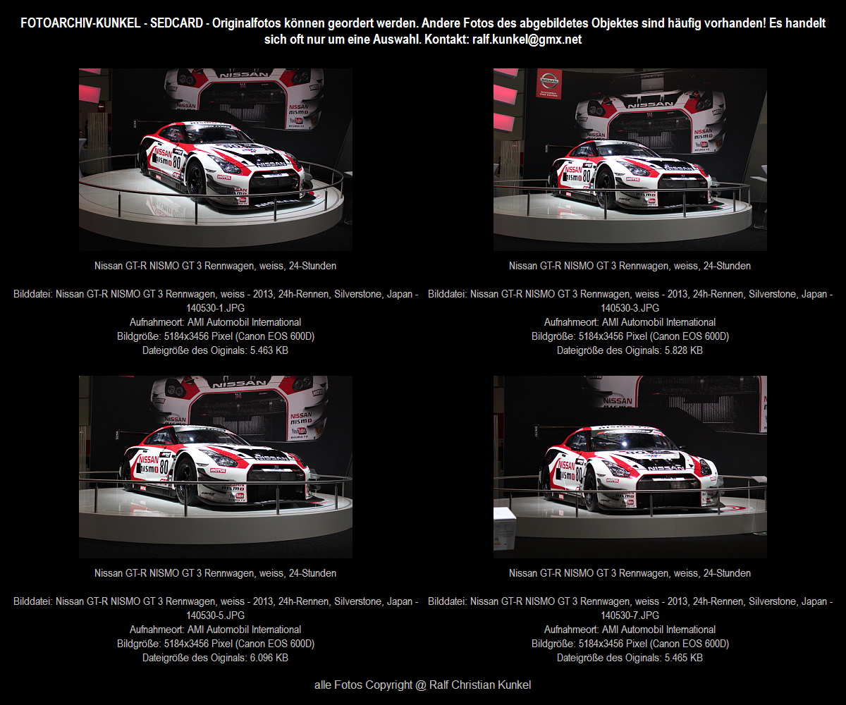 Nissan GT-R NISMO GT3, Renwagen, Motorsport - Fahrer: Michael Krumm, Nick Heidfeld, Florian Strauß - Blancpain-Endurance-Series, 24 Stunden Rennen Nürburgring, Pro-Am-Klasse 2014 Langstreckenrennen in Silverstone - Coupe 2 Türen; Motor: 3,8-Liter-V6-Biturbo; Leistung: > 500 PS bei 6400 U/min; max. Drehmoment: 650 Nm bei 4000 U/min; Gewicht: 1330 kg - fotografiert am 30.05.2014 zur Automobil International AMI in den Messehallen Leipzig, Leipziger Messe 2014 - Sedcard, comp card, Copyright @ Ralf Christian Kunkel (E-Mail-Kontakt: ralf.kunkel[at]gmx.net; bitte das [at] durch @ ersetzen)- http://fotoarchiv-kunkel.startbilder.de - Automobil-Fotografie Kunkel auch auf Facebook www.facebook.com/AutomobilFotografieKunkel