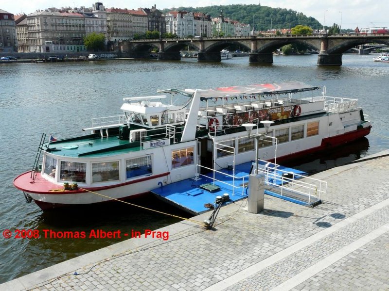 Name:  BREITLING  , ex  VORPOMMERN  -2003 , ex  PREUSSEN  -2000 , ex  HEIDI  -1996 , ex  BREITLING  -1990 / Baujahr: 1981 / Bauwerft: Yachtwerft in Berlin-K�penick (Deutschland) / Flagge: Tschechien (Deutschland bis 2008) / L�nge: 28,70 m / Breite: 5,10 m / Tiefgang: 0,90 m / 124 Passagiere / Antrieb: 6 VD 14,5/12-1 mit 122 PS (90 kW) / Eigner~Betreiber: ? (ex Warnow-Personenschiffahrt in Rostock bis 2007, Fahrgastschifffahrt Porschke bis 2003, M�ritz-Tours Reederei GmbH & Co.KG bis 2000, ? bis 1997, VEB Weisse Flotte in Stralsund bis 1991) / Heimathafen: Praha (Prag) , ex Warnem�nde bis 2008, Born bis 2003, R�bel bis 2000, ? bis 1997, Stralsund bis 1991 / Fahrtgebiet: Moldau (ex M�ritz, Warnow-Ostsee) / Schiffs- oder Registriernummer: ex 2963 / Bemerkung: Im Sommer 2008 fuhr das Schiff noch mit Heimathafen Warnem�nde und deutscher Flagge am Heck in Prag.