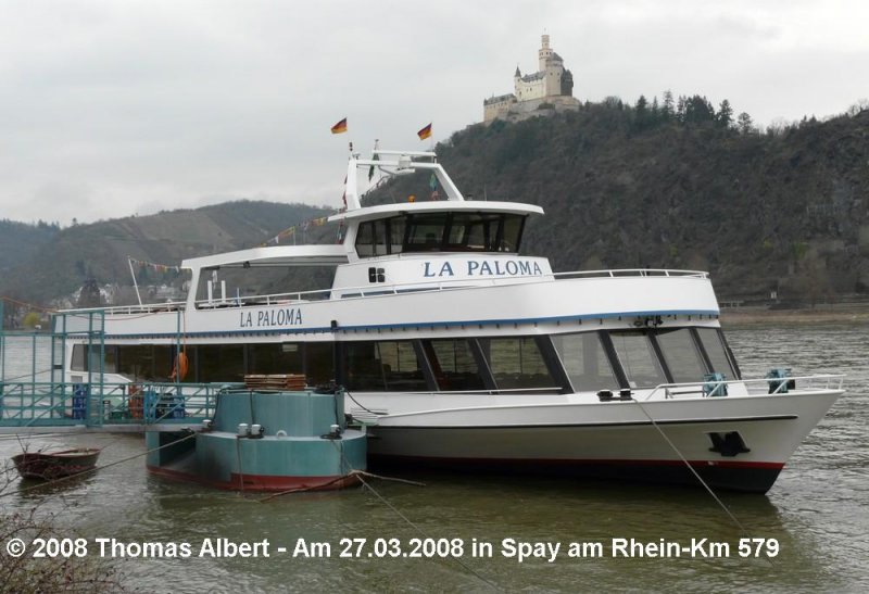 Name:  LA PALOMA  / Baujahr: 1992 / Bauwerft: Lux-Werft in Niederkassel-Mondorf (Deutschland) / Flagge: Deutschland / L�nge: 40,40 m / Breite: 9,60 m / Tiefgang: 1,40 m (leer) / 400 Passagiere / Antrieb: 2 x MAN-Diesel mit je 400 PS auf 2 Schottel-Ruder-Propeller SRP 110 (ex 2 x 303 PS auf 2 SRP 100) / Eigner~Betreiber: Marksburgschiffahrt Vomfell (Ulrike Vomfell) in Koblenz / Heimathafen: Koblenz (Liegeort Spay) / Fahrtgebiet: Rhein / Schiffs- oder Registriernummer: ? / Bemerkung: 