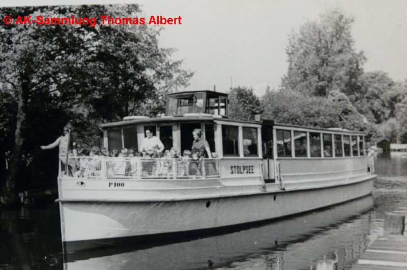 Name:  STOLPSEE  , ex  SPREETAL I  - 1971 / Baujahr: 1925 / Bauwerft: Gebr.Winkler in R�dersdorf (Deutschland) / Flagge: Deutschland / L�nge: ? m / Breite: ? m / Tiefgang: ? / ? Passagiere / Antrieb: Dieselmotor / Eigner~Betreiber: VEB Weisse Flotte in Berlin (bis 1971 in Privatbesitz, ex Radestock in Schm�ckwitz) / Heimathafen: Berlin / Fahrtgebiet: Berliner Gew�sser / Schiffs- oder Registriernummer: P-100 / Bemerkung: Nicht mehr in Fahrt, Verbleib unbekannt.
